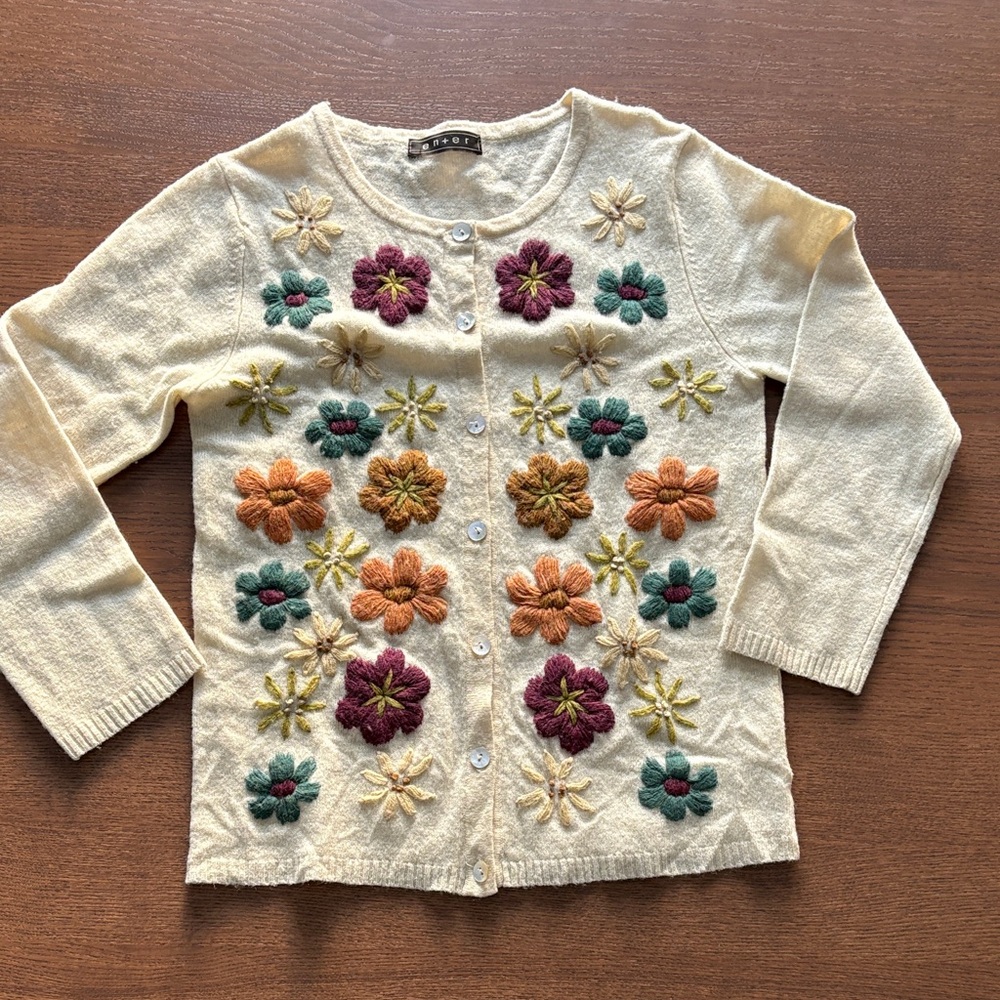 Cream Floral Embroidered Button-Front Cardigan